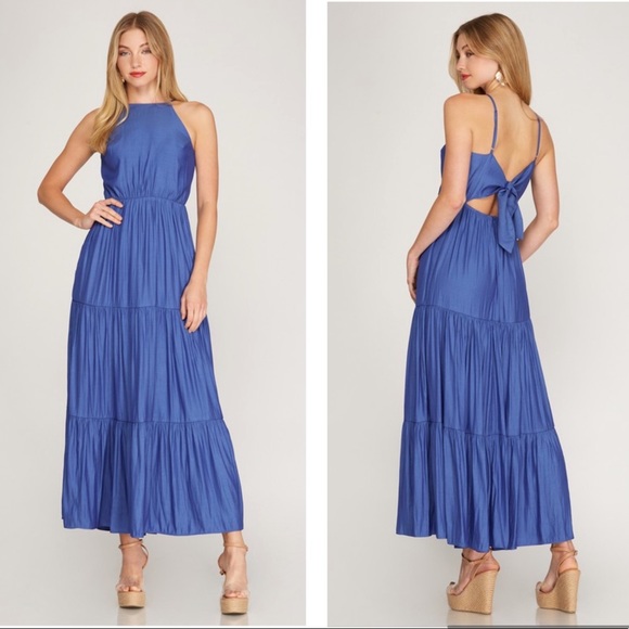 Dresses & Skirts - Boho Blue Tiered Open Back Maxi Dress